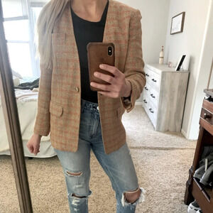 Vintage Anne Klein Cream/Rust Plaid Blazer Wool/Silk Blend Size 2 Petite